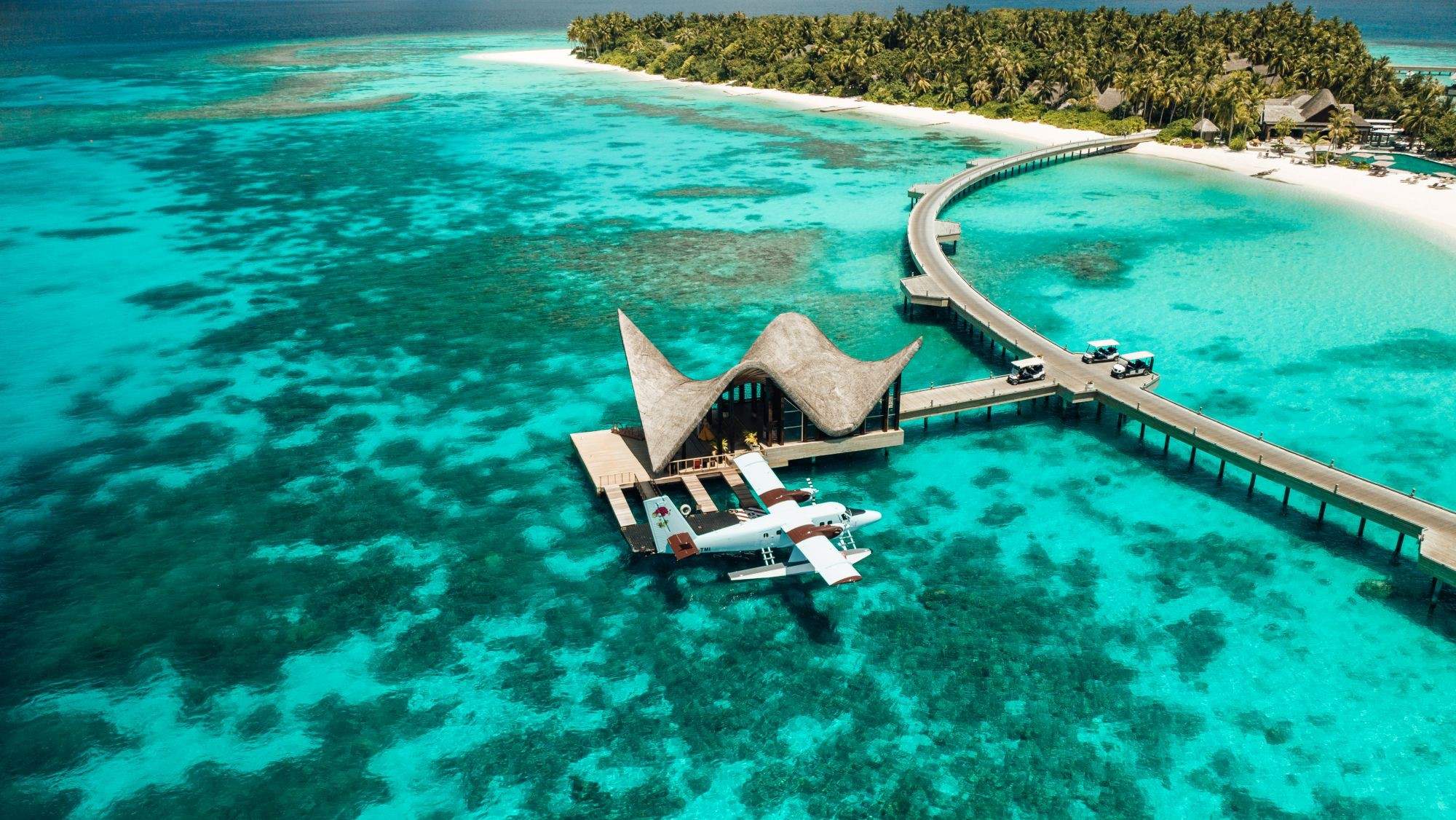 JOALI Maldives Arrival Jetty Ariel View with JOALI Private Seaplane